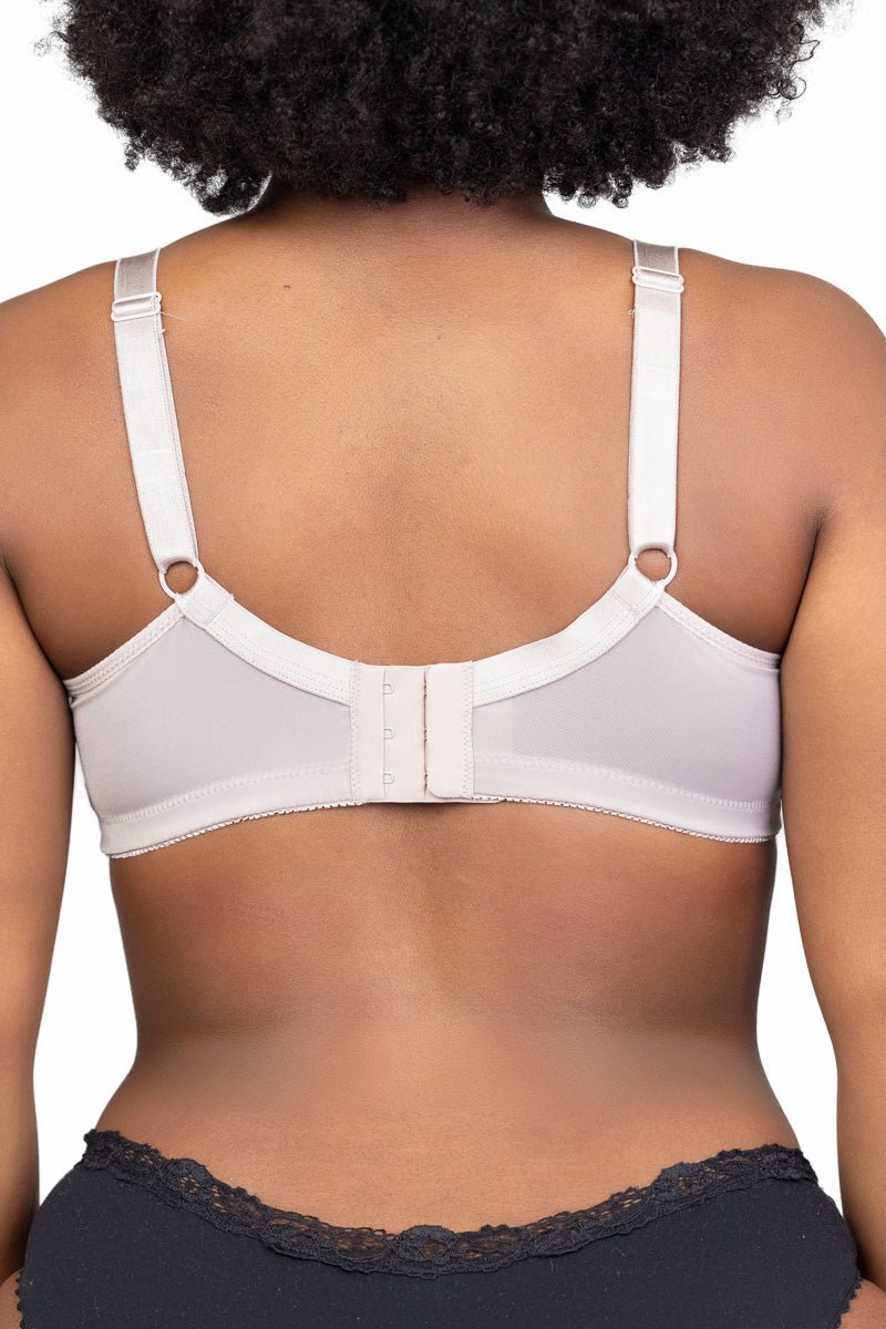 Back view of mastectomy bra with adjustable straps and supportive band