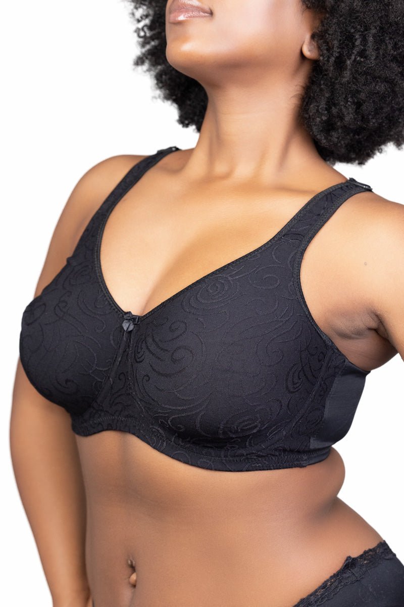 Black underwire mastectomy bra with COOLMAX pockets and supportive design