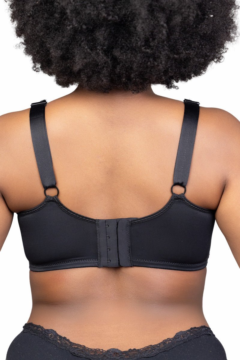 Back view of underwire mastectomy bra with adjustable straps and wide band